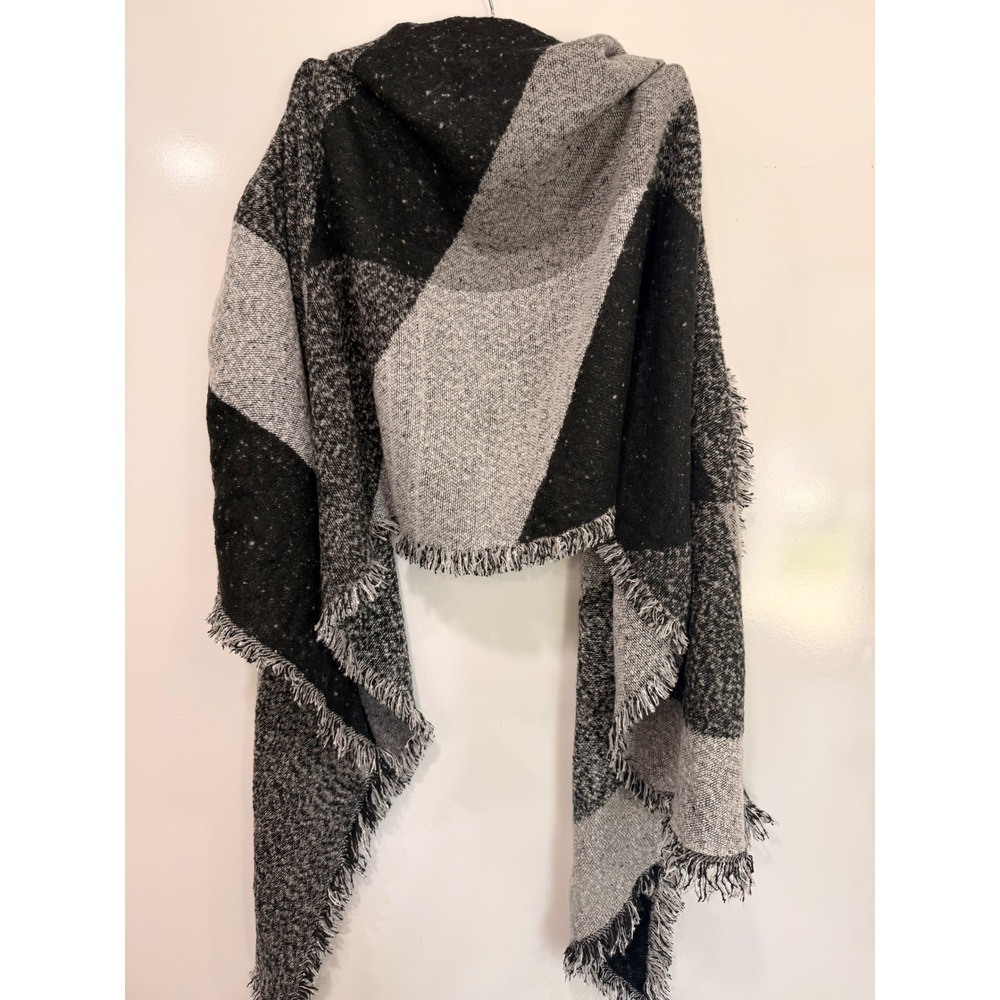Black Grey Geometric Colorblock Blanket Scarf Soft Oversized Wrap Shawl Fringe